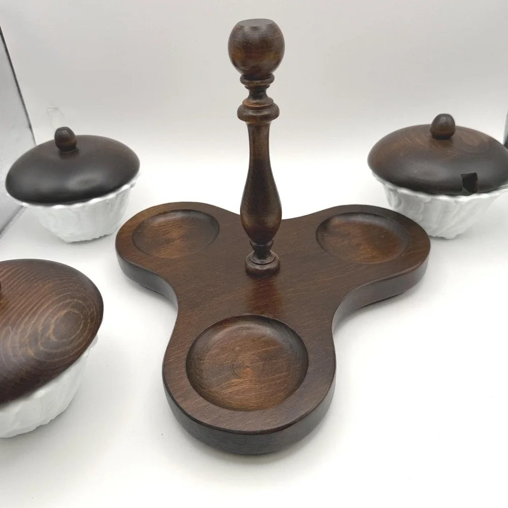 Vintage Cornwall Wood Tripod Nut Relish Dish 3 Milk Glass Bowls Maine USA